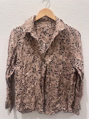 Pure Linen Tan Abstract Splatter Print Button‎ Down Long Sleeve Shirt Womens 12